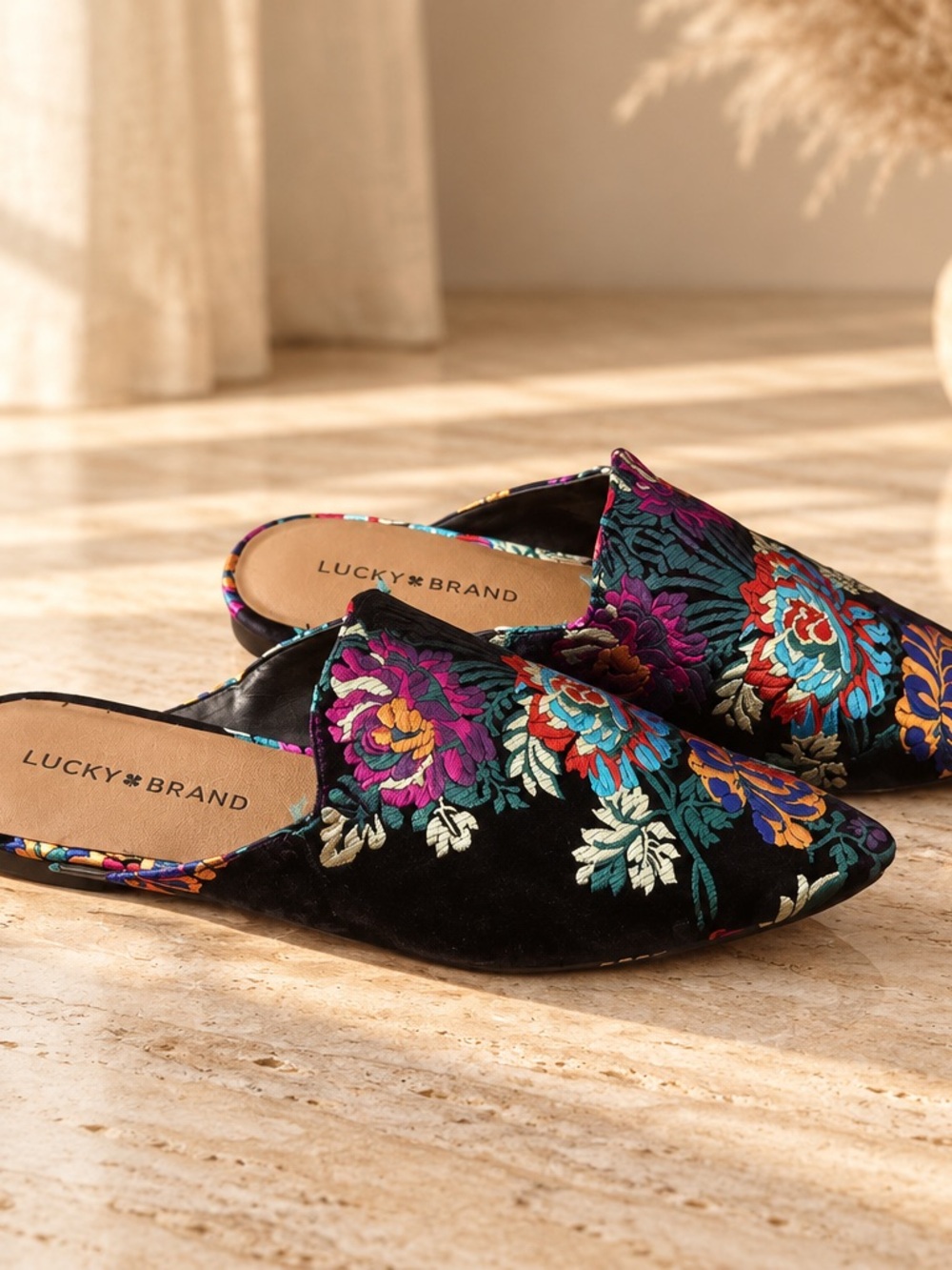 Lucky Brand Black Embroidered Floral Slip-On Mules